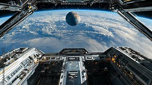Spaceship Cockpit View of Earth and Moon, planet, stars, galaxy, universe, exploration
