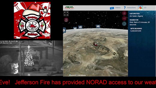 We apologize for the interruption—Facebook only allows live streams up to 8 hours. We are back with continued coverage. The Jefferson Fire Department is proud to assist NORAD in tracking Santa this Christmas Eve! 🎅🎄 Jefferson Fire has provided NORAD access to our weather camera to help monitor Santa’s journey as he travels through our area. Merry Christmas to our community and families near and far! | Jefferson Fire Dept
