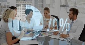 Animation of pie chart, increasing numbers and percentile over diverse coworkers discussing reports. Digital composite, multiple exposure, business, growth, teamwork, communication and technology.