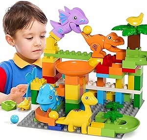 burgkidz Marble Run Building Blocks Dino Toys: STEM Ball Race Track for Boys & Girls with Functional Dinosaur Building Blocks, Marbles Maze Game Toy Set for Kids Ages 3 4-8