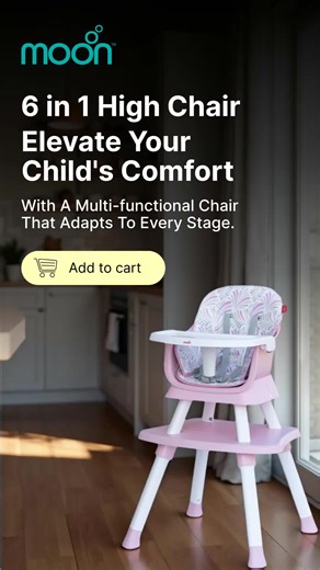 The MOON 6 in 1 High Chair in Pink is designed to adapt as your child grows. 🪑✨ This innovative chair functions as a high chair for mealtime, a booster seat for family dining, and even converts into a small dining chair for older kids. Additionally, it transforms into a study desk and chair, providing a versatile workspace for homework and creativity. 🎨📚 Its compact design makes it easy to store, ensuring that every space in your home is utilized efficiently. Elevate your child's comfort whil