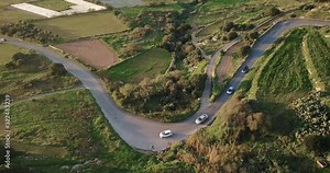 Aerail traffic on narrow street in a lush countryside