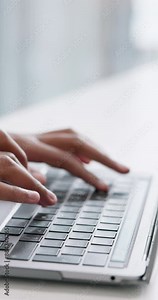 Hands, business and person typing on laptop for communication, writing and editing story information on web. Journalist, digital and research for feedback, report and article of press release