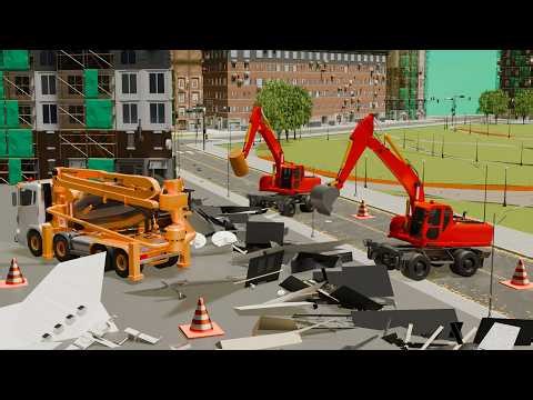 Urban Disaster: Two Red Excavators and Concrete Mixer Tackle the Collapse!🏗️|Super Construct Cartoon