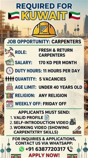 Required Carpenter for Kuwait 🇰🇼 | Salary 170 KD | 11 Hours Duty | Fresh & Return | 5 Vacancies