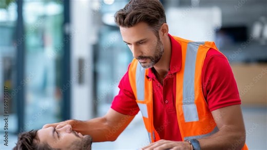 A professional first responder in a reflective vest provides emergency medical assistance to an unconscious man indoors. The scene highlights urgent care and quick reaction in a crisis