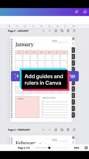 Canva tips only the pros know: Use guides and rulers in your design to make sure your layout is precise and aligned. This is a great tool to use when creating digital planners. #canva #canvahacks #digitalplanner #canvatutorial #digitalproducts