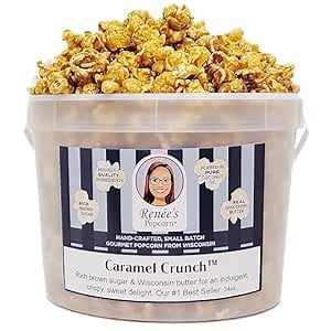 Renée’s Caramel Crunch™ Gourmet Popcorn - rich brown sugar, Wisconsin butter- an indulgent, crispy, sweet popped fresh, handmade delightful snack or gift - 1.1 gallon plastic bucket tin, 24 oz bulk party size.