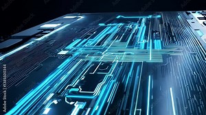 Digital Pathways: A mesmerizing perspective of a modern circuit board with illuminated pathways. The image evokes technological advancement and digital connectivity.