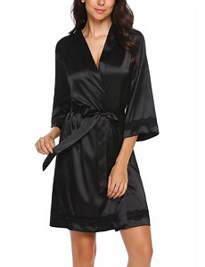 Oudiya Women's Lace-Trim Silk Robes Bride Bridesmaid Kimono Satin Bathrobe V Neck Sleepwear with 3/4 Sleeve