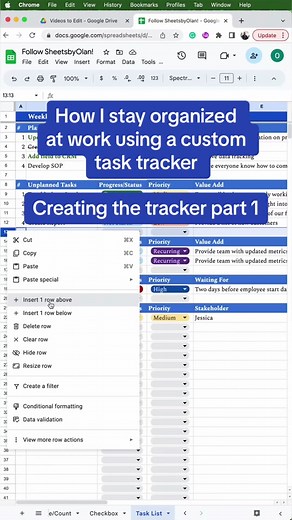 Creating the tracker Part 1: How I stay organized at work using a custom task tracker in Google Sheets! Rep0sting the original tutorial while I’m traveling since the original tutorial can’t be m0netized. #tasktracker #organized #customtracker #work #forgetful #worksmarternotharder #googlesheetstutorial #googlesheetstips #learngooglesheets #googlesheets #gsheets #data #excel #spreadsheet #LearnOnTikTok @SheetsbyOlan - task tracker overview Formulas/features: #datavalidation #dropdowns #popoutcale