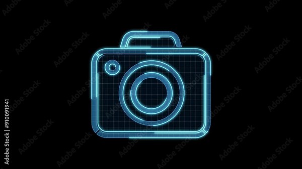 Camera icon motion animation, continuous seamless loop from 1 to 7 second mark, futuristic cyber technology look, neon laser lines on black background.