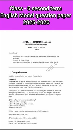 class six english model question paper 2025-2026