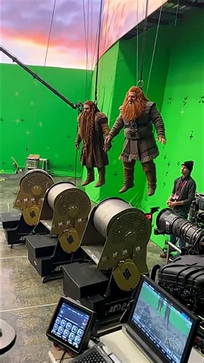 Behind The Studio on Instagram: "The Hobbit — Dwarf Rigging & Lift Setup BTS 🛠️🛡️ Description: Dwarf actors stand on a stone-like platform as crew members attach harness wires for a lifted stunt shot. The backdrop mixes green-screen and a stunning LED sunset sky, while a crane camera hangs overhead ready to capture the dramatic moment on set. Hashtags: #TheHobbit #BehindTheScenes #Dwarves #RiggingSetup #GreenScreen #MiddleEarth #MovieMagic #FilmSet #MakingOf"