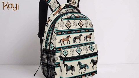 KOYI Aztec Print Backpack for Girls Boys Teens, Western Pattern with Horses Backpack for Kids, Water Resistant Elementary Middle School Travel Laptop Backpack, 16.5-inch
