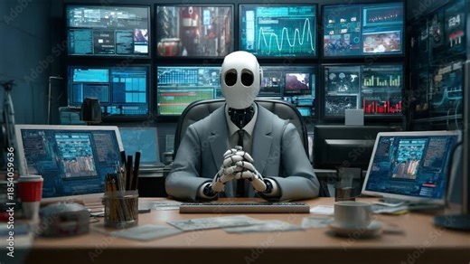 Cybernetic Overseer of Data: An artificial intelligence entity, suited and poised, presides over a command center filled with data streams, monitors, and advanced technology.