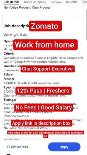 Zomato Work From Home Jobs | Chat support | 12Th pass jobs#shorts #zomato #job #ytshorts