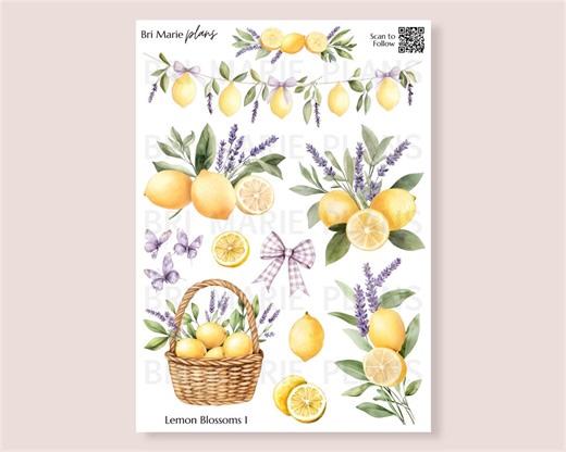Lemon Blossoms 1 Sticker Sheet | Lemon Lavender Planner Stickers | Citrus Floral Journal Stickers | Scrapbook Deco - Etsy