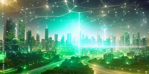 Sprawling green community with Digital smart city infrastructure and rapid data network. Digital city, smart society, smart homes, digital community. DX, IOT, digital network concept. 4K Video