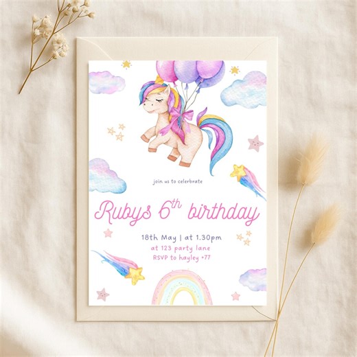 Unicorn Birthday Invitation, Editable Canva Template, Girls Party Invite - Etsy