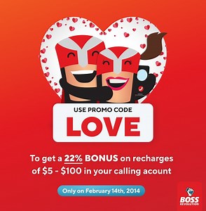 Love is in the air! Today only 2/14 use PROMO CODE 'LOVE' and get a heartwarming 22% BONUS on calling recharges of $5-$100 in the app, online or at BOSS Revolution stores. Terms Apply  | BOSS Revolution | Facebook