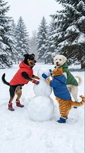 Out in the snow, freezing and having the time of their lives… they finished building the snowman and finally stepped back to admire it. One look at that tiny head— and they completely lost it. Laughing, slipping, falling over each other. Just three little goofballs enjoying winter the way it should be. Just for fun! #AI #fbreelsvideo #reelsviral #funnyreels #fyp | Funny Animals