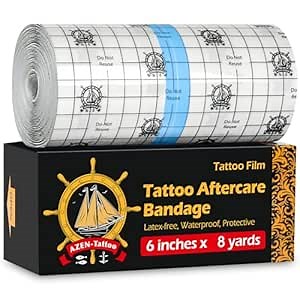 AZEN Tattoo Aftercare Bandage, 6"x 8 Yard, Waterproof Second Skin Cover up Tape, Healing Wrap, Tattoo Supplies