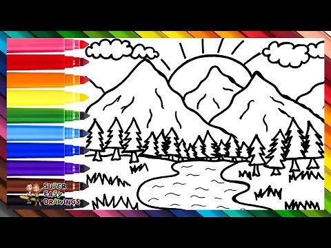 Draw and Color an Easy Mountain Landscape 🏞️🌲⛅🌈 Drawings for Kids