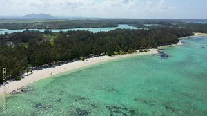 Ile aux Cerfs island with idyllic beach scene, aquamarine sea and soft sand, Ile aux Cerfs, Mauritius, Indian Ocean, Africa. Ile aux Cerf in Mauritius, beautiful water and breathtaking landscape.