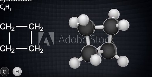 Structural chemical formula and molecular structure of Cyclobutane(C4H8). 3D render. Seamless loop. Chemical structure model: Ball and Stick.