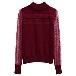 Flock Dots Mesh Spliced Knit Top in Burgundy