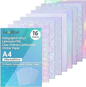 Lya Vinyl 16 Sheets Holographic Sticker Paper, Clear Vinyl Self Adhesive Sheets , 8.25x11.7 Inch Transparent Overlay Sticker film laminates