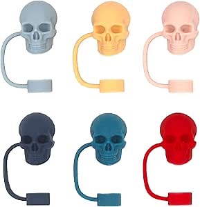 6PCS Skull Straw Cover Cap for Stan Cup,10mm Skull Straw Topper,Dust Proof Straw Accessories for 30 40 oz Tumblers and Water Bottles, 0.4In, Black, Yellow, Red