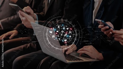 Business professionals engage with various technology devices in a conference setting, showcasing modern connectivity and collaboration through digital tools and networks. Raster