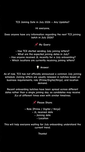 TCS Joining Date in July 2026 – Any Updates?
