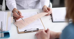 Doctor cardiologist examining ecg tape in front of patient at clinic 4k movie slow motion. Diagnostics of rhythm and conduction disorders concept