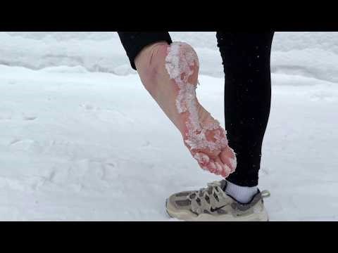 One shoe walk, barefoot in snow, frozen foot, one foot in snow, walking barefoot on snow (# 1674)