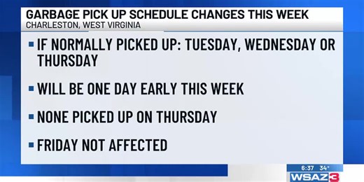 Garbage pick up schedule in Charleston changes for Thanksgiving week