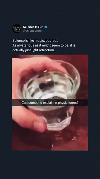 Refraction is the bending of light (it also happens with sound, water and other waves) as it passes from one transparent substance into another. This bending by refraction makes it possible for us to have lenses, magnifying glasses, prisms and rainbows. Even our eyes depend upon this bending of light. I hope you enjoyed this video. Check out @sciencefunn for more science and daily facts (follow to be amazed tomorrow again). Video credit: First part is from ViralHog (Youtube), second part is unkn