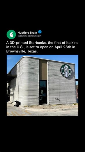 Hustlers Brain on Instagram: "Starbucks will open its first 3D-printed store in the U.S. on April 28, 2025, in Brownsville, Texas. The 1,400-square-foot café, built with 3D-printed concrete for drive-thru and mobile orders, was constructed in partnership with PERI 3D Construction. With a project cost of approximately $1.198 million, this store underscores Starbucks' commitment to sustainable building methods. This development aligns with the growing trend of 3D-printed construction in Texas, inc
