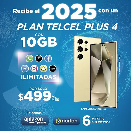 Recibe el 2025 con un plan Telcel Plus 4; Llévate 10GB por solo $499 al mes más redes ilimitadas. | Telcel