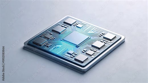 High-tech integrated circuit board with central processor and memory chips, sleek metallic design on neutral background — AI, computing, and semiconductor technology concept