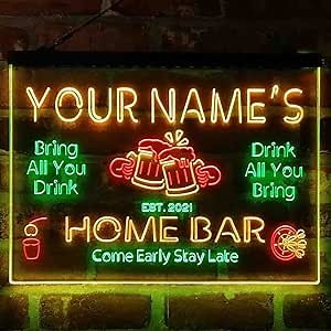 Personalized Classic Cheers Home Bar Tri-Color LED Neon Light Sign Customize Name Date Text Quote Font Green & Red & Yellow 13 x 8.7 Inches st9s32-p1-tm-gry