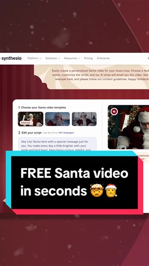 Want to create a free talking AI Santa video in seconds? 🎁 No filming, no editing, and totally free! ✨ Search Synthesia Santa #santa #christmas #synthesia #gift #presents