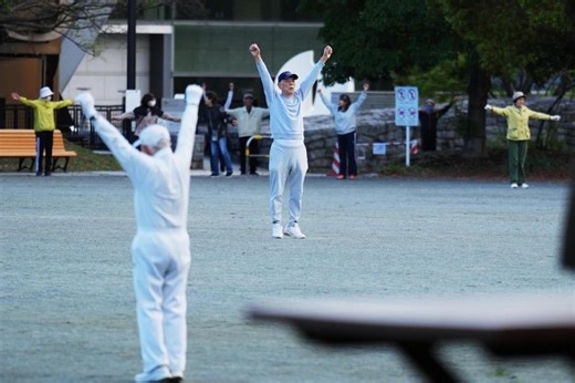 Japan awakens to Radio Taiso exercise tradition. One face of the country’s longevity