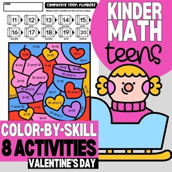 Kindergarten | Teen Numbers 11–19 | Color by Code Worksheets | February