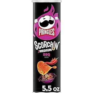 Pringles Scorchin' Potato Crisps Chips, Spicy Snacks, On-the-Go Snacks, BBQ, 5.5oz Can (1 Can)