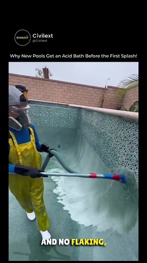 Before you dive in... your pool goes through a chemical transformation! Acid-washing isn't just for cleaning — it's essential for removing plaster dust, surface residue, and ensuring a smooth, stain-free finish before the first fill. Skip this step, and you're risking long-term damage and discoloration. Whether you're building or just curious, here's the science behind the splash. 👉 Follow @civilext_ for more pro insights on civil construction, site prep, and structural secrets! #PoolConstructi