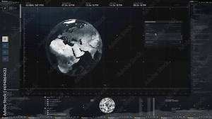 Computer system interface is investigating the 3D projected planet earth. Computer interface has detected vulnerable satellite networks location. Computer interface gathering target information. UI.