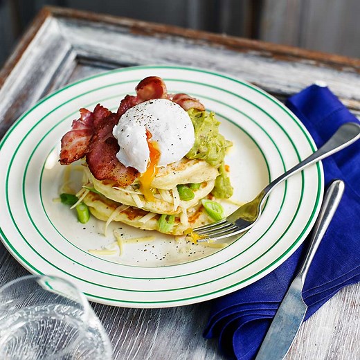 Cheesy American Pancakes with Bacon and Eggs Recipe